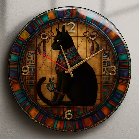 Mısır Kedisi Cam Duvar Saati