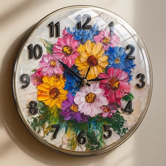 Çiçekli Cam Duvar Saati