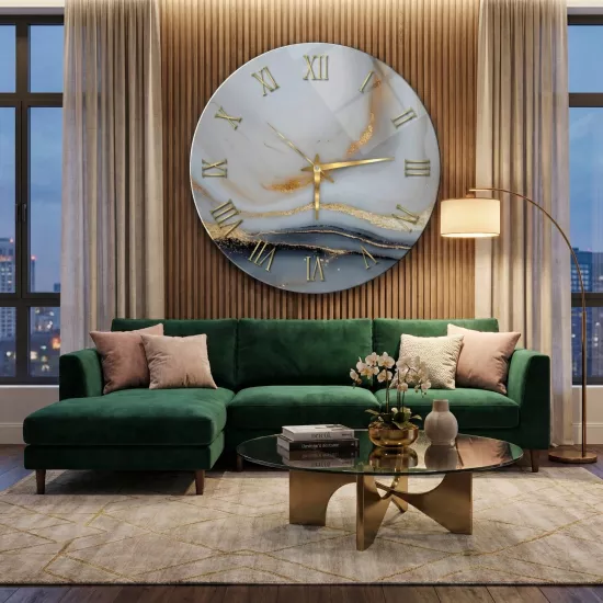 Mermer Desenli Cam Duvar Saati