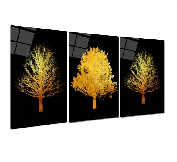 Gold Ağaçlar Triple Cam Tablo