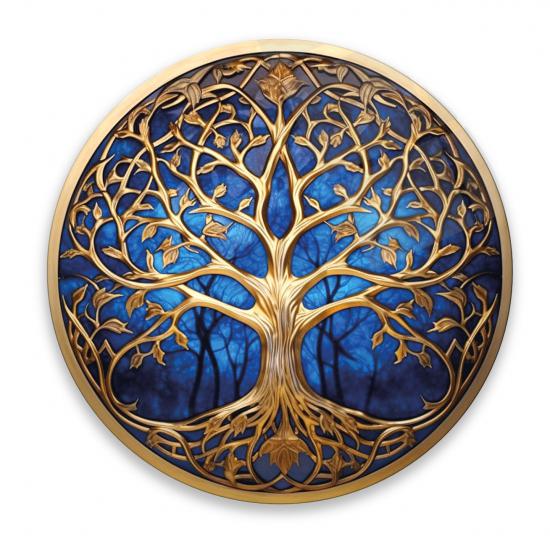 Mavi Gold Hayat Ağacı Yuvarlak Cam Tablo