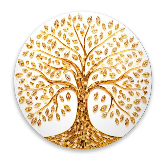 Gold Hayat Ağacı Yuvarlak Cam Tablo