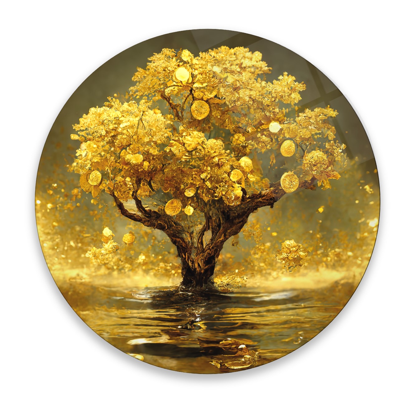 Gold Ağaç Yuvarlak Cam Tablo